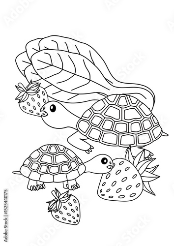 turtles eats strawberry and vegetable, coloring book for children