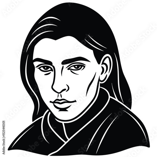 Portrait of a beautiful young woman's face with flowing hair, stylised vector art illustration