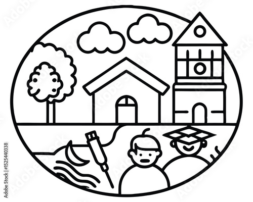Snowy winter landscape with a cartoon house illustration, perfect for a festive Santa Claus home design icon