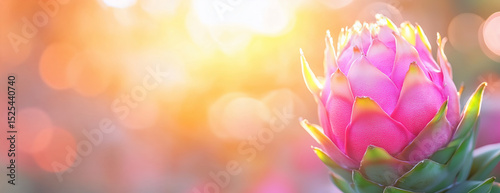 Fresh dragon fruit pitaya with golden bokeh background. Exotic tropical fruit and vacation concept. Image for banner and poster with copy space.