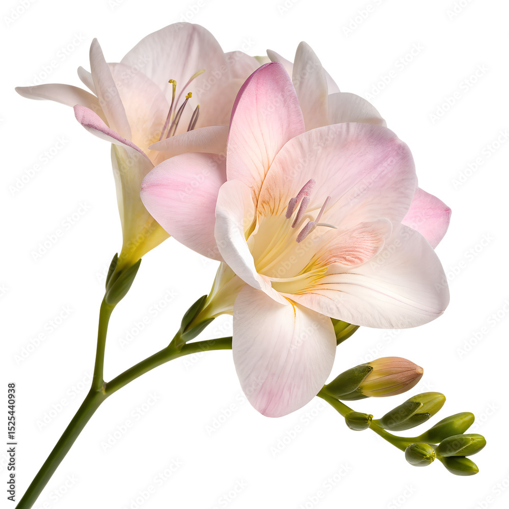 Obraz premium Delicate pink freesia blossoms isolated on transparent background, fresh spring flowers, floral bouquet, soft pastel tones