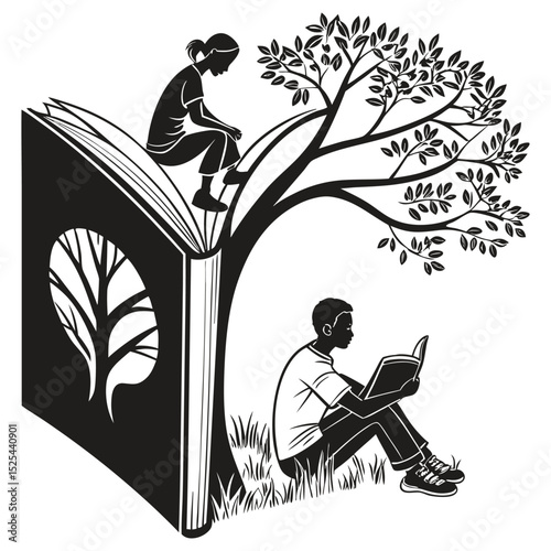 Children reading under tree book illustration
