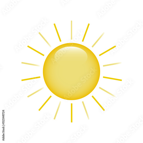 An icon of the sun with thin rays on a white background. A three-dimensional sun with highlights and rays. Logo, sticker with the image of the sun. The concept of summer and weather. Vector EPS 10.
