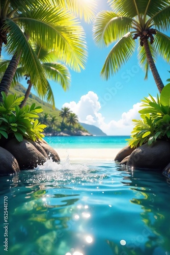 A vibrant summer scene featuring a refreshing splash of water against a backdrop of sun-drenched, tropical foliage Perfect for travel, vacation, and summer-themed projects , water, leaves, travel