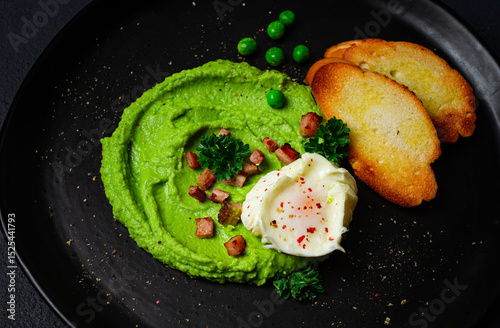Mashed peas, with boiled egg, fried bacon, toast, baguette, breakfast, homemade , no people,