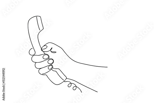 Hand holding retro telephone receiver line drawing illustration
