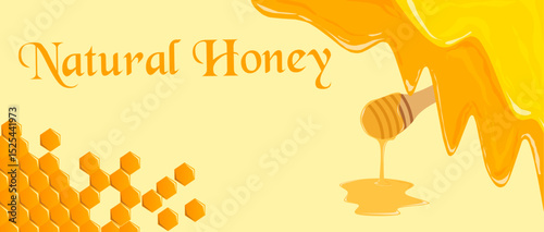 Background honey that drips. Cartoon Liquid Honey. Golden yellow honey syrup with beehives, drops and sparks. Vector Organic and Natural Production, Illustration of Flat Style Vector	