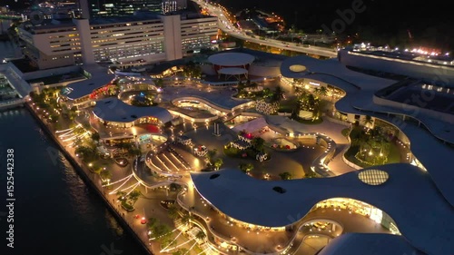 sunset sky singapore city sentosa island district bay modern mall square aerial topdown panorama 4k 