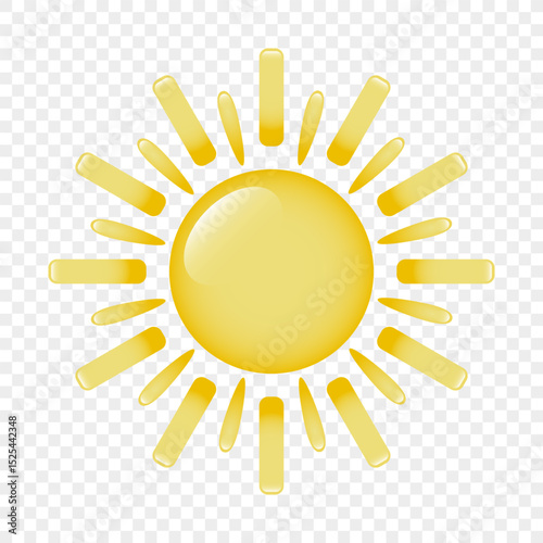 An icon of the sun with rays on a transparent background. A three-dimensional sun with highlights and rays. Logo, sticker with the image of the sun. The concept of summer and weather. Vector EPS 10.