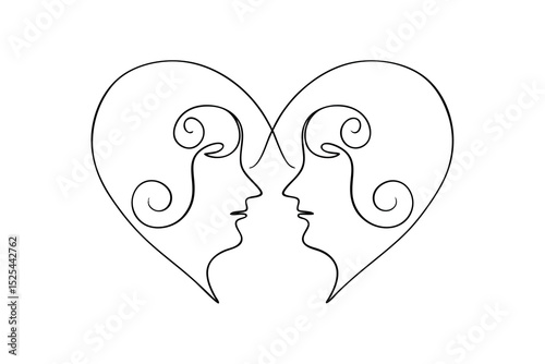 Two faces forming a heart line drawing romantic art