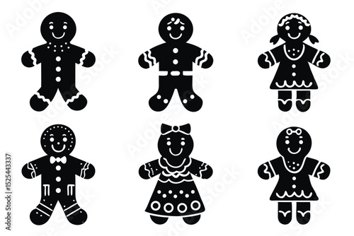 Black and white gingerbread cookies in various shapes and decorations for the holidays