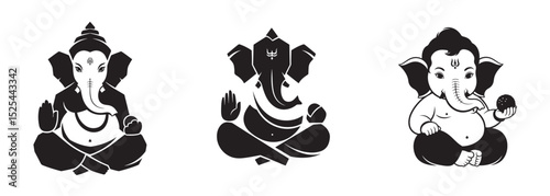 Elegant black and white illustrations of the hindu god ganesha in diverse poses on white background