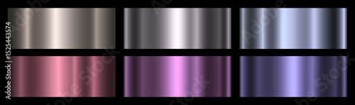 A set of metallic purple, blue and silver gradients on a black background. A collection of six metallic shades. Polished glossy abstract background. Vector illustration.