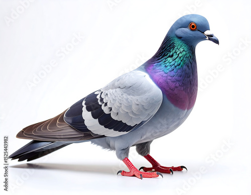 Pigeon perched on a white background showing gray feathers and wings