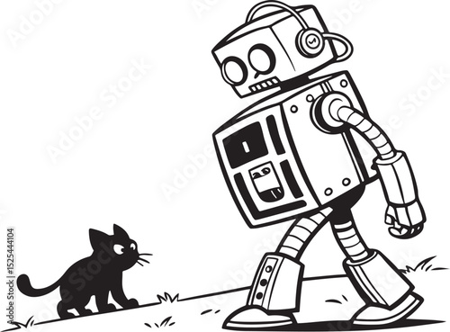 Funny cartoon black and white cat character on the roof with a robot