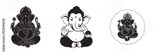 Three black and white illustrations of lord ganesha hindu deity in various styles