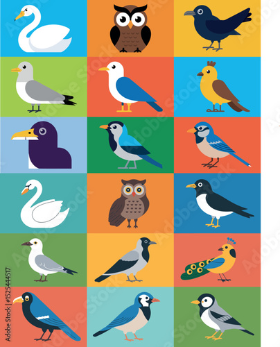  a grid of illustrations featuring various bird species. Each bird is depicted in a flat design style against a colorful square background.  photo