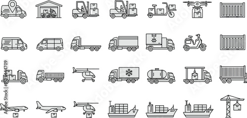 Commercial vehicles line icon set. Vector pictograms of container, pallet, forklift, plane, drone, helicopter, ship, train, cargo truck, warehouse, thin linear illustration