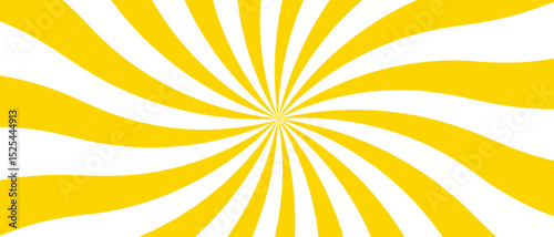 Abstract high-energy radial burst design with bright yellow and white wavy stripes. Symmetrical curved segments, a hypnotic, sunburst optical illusion. Swirling motion dynamic vintage pop-art