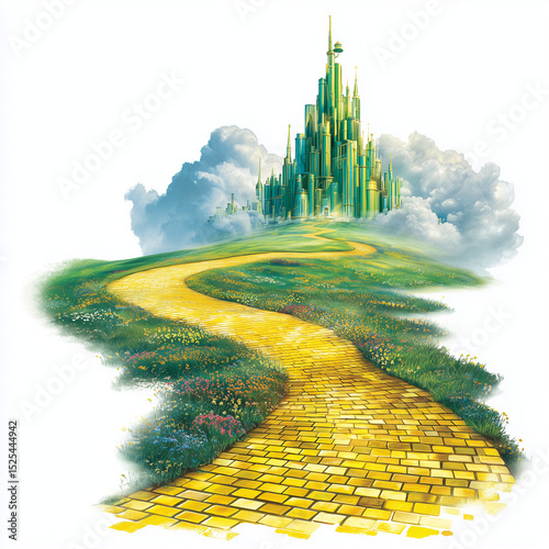 Yellow Brick Road to Emerald City: A Whimsical Fantasy Landscape , isolated on white background png