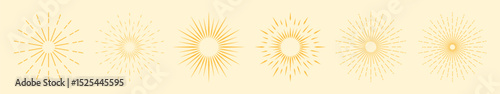 A set of 6 icons with sun rays on a yellow background. A sunbeam with lines. Retro logo in the form of a circle with radial rays. The sun is shaped like a star. Vector EPS 10.