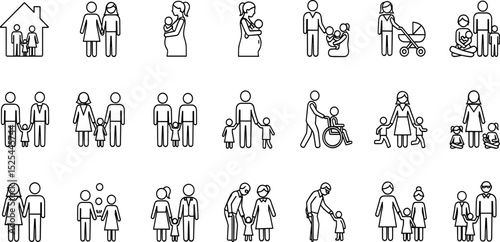 Family and parenting line icon set. Vector pictograms of couples, single parents, children, elderly, baby, newborn, teenager thin linear illustration