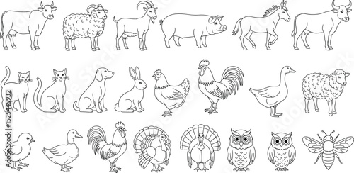Farm animals line icon set. Vector pictograms of cow, bull, sheep, lamb, goat, horse, pig, domestic and livestock thin linear illustration