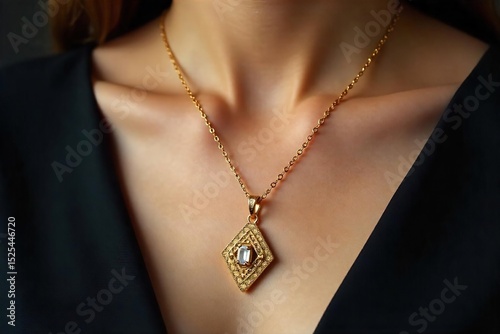 Sleek, minimalist gold necklace with geometric pendant Perfect for modern fashion shoots or jewelry websites Close-up shot highlighting intricate detail and luxurious texture , accessory, abstract