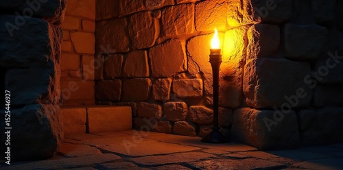 Warm, inviting glow of a lit interior torch casting dramatic shadows on a textured stone wall Perfect for ambiance, rustic, and fantasy themes , natural, decor