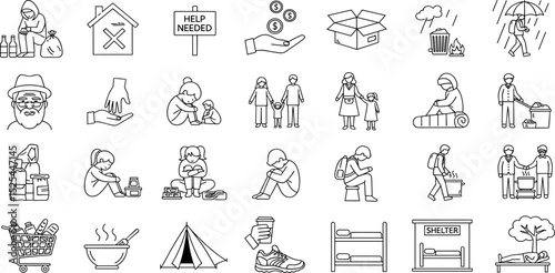 Homelessness, Social Aid line icon set. Vector pictograms of homeless child, urgent needs, support services, donation, social kitchen, shelter thin linear illustration