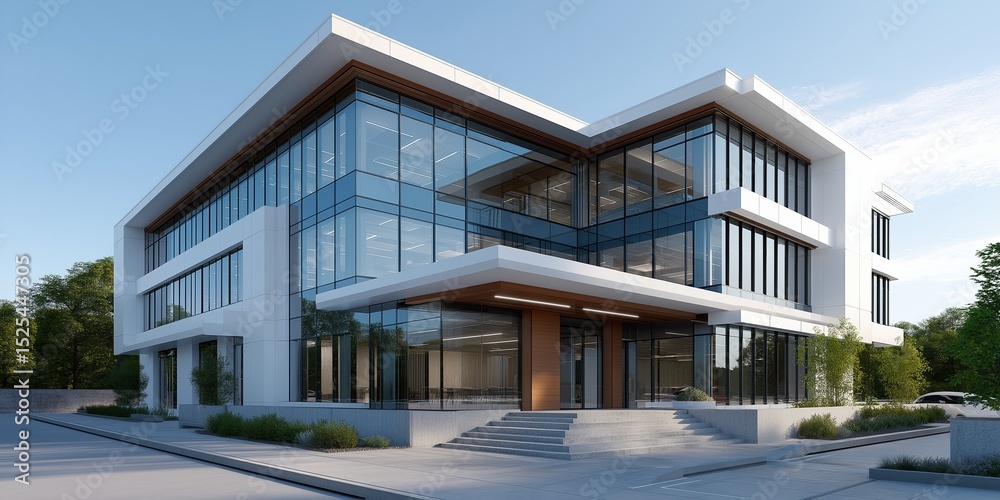 Obraz premium Modern glass office building with geometric design and natural lighting