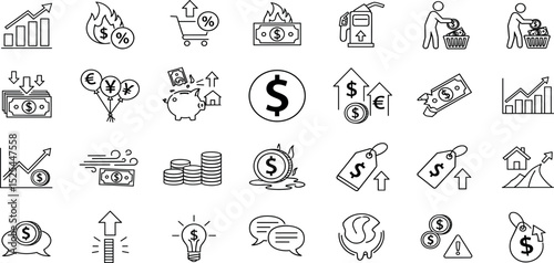  Inflation, Economic Instability line icon set. Vector pictograms of money loss, rising prices, decreasing purchasing power, falling savings, financial challenges thin linear illustration