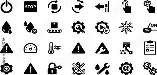 Manufacturing glyph icon set. Vector pictograms of forward, reverse, droplet, fluid, tool, wrench, lubrication, conveyor, hydraulic, pneumatic, black sign silhouette illustration
