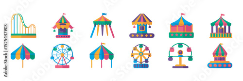 Amusement Park Rides and Attractions Colorful Icons Set