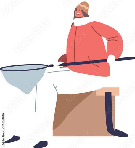 Woman fishing with net vector illustration