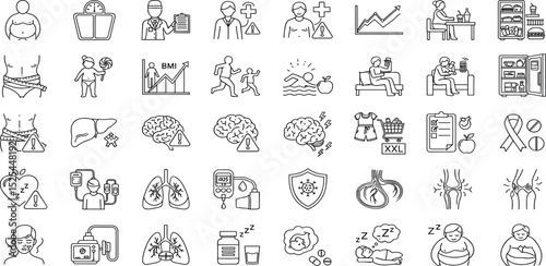 Obesity Health Risks line icon set. Vector pictograms of BMI chart, body weighing scale, diabetes, cholesterol problems, high blood pressure, fast food, mental health thin linear illustration.