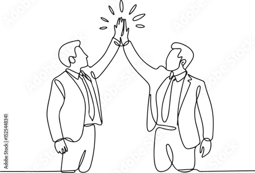 Continuous single line simple line art of business people high-fiving to celebrate teamwork and success in office setting

