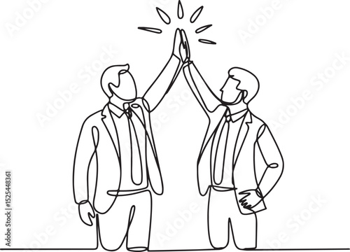 Continuous single line simple line art of business people high-fiving to celebrate teamwork and success in office setting

