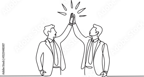 Continuous single line simple line art of business people high-fiving to celebrate teamwork and success in office setting

