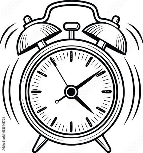 Alarm clock silhouette, ringing clock icon, vintage timepiece vector, black wakeup symbol, simple time graphic