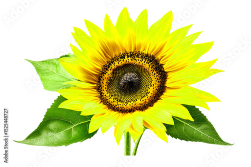 Vibrant single sunflower with lush green leaves