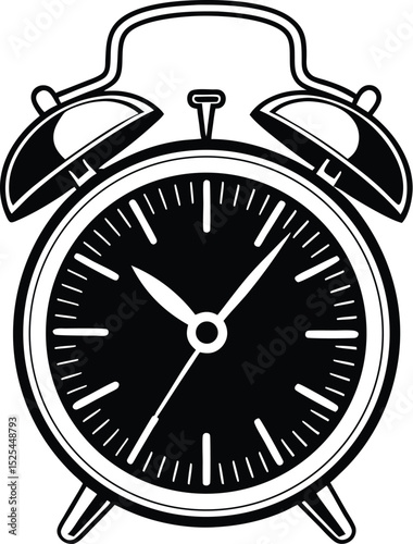 Alarm clock silhouette, ringing clock icon, vintage timepiece vector, black wakeup symbol, simple time graphic