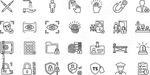 Security access clearance glyph icon set. Vector pictograms of recognition, restriction, biometric, authentication, id card, pin, keypad, permission, black sign silhouette illustration.