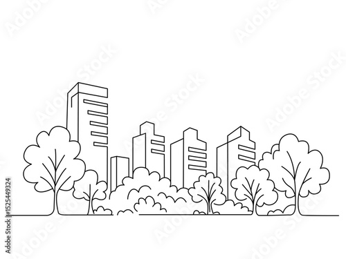 continuous one line sketch of modern metropolis city. town and park. flat vector illustration isolated on white background. silhouette