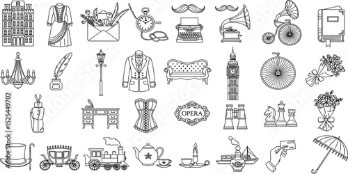 Victorian Era line icon set. Vector pictograms of 19th-century, antique, dress, corset, typewriter, gramophone, pocket watch, tailcoat, letter with dry flowers, visit card thin linear illustration