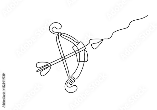 Arrow and bow drawing by continuous one line. Hand drawn one line vector. Editable stroke	