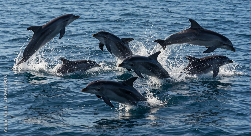 Naklejka premium A pod of dolphins jumping out of the water with splashes in the ocean on a sunny day in the wild nature