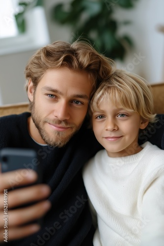 Caucasian young adult male and child taking a selfie together on a couch