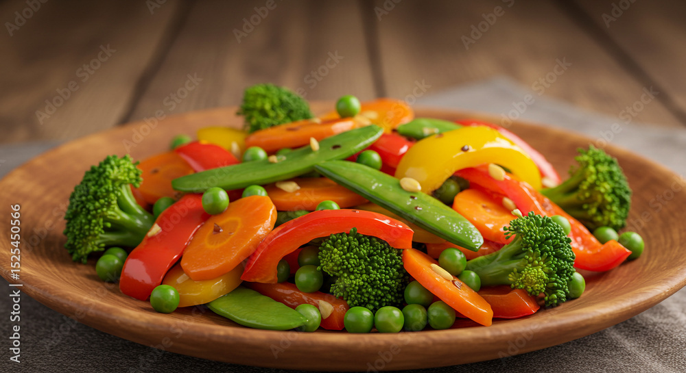 A colorful vegetable stir fry with broccoli carrots peas and peppers on a wooden plate close up view A colorful vegetable stir fry with broccoli carrots peas and peppers on a wooden plate close up view