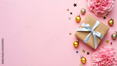 A festive pink gift box adorned with a decorative ribbon and bow, perfect for a birthday, Valentine's Day, or Christmas present